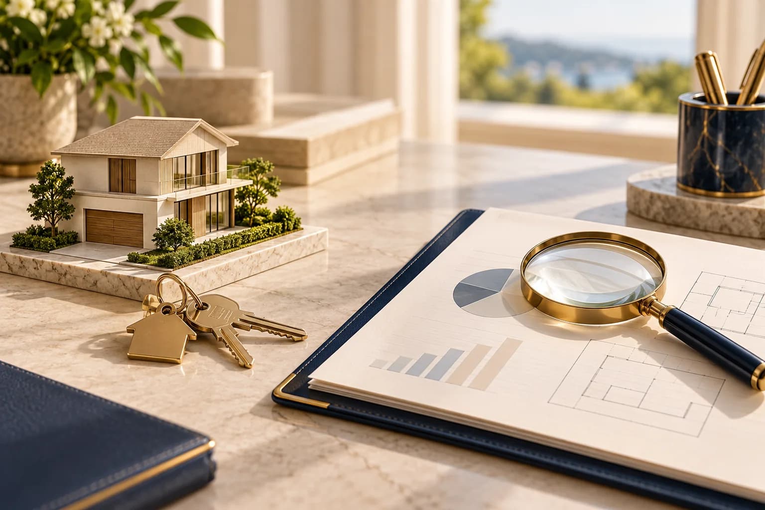 Conceptual illustration of a home model and keys beside an analytical property plan