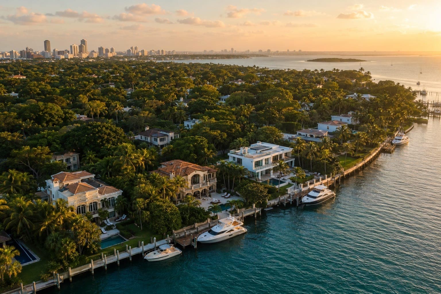 Waterfront homes and tropical tree canopy along Biscayne Bay in Coconut Grove