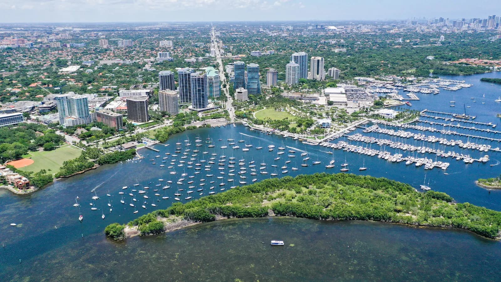 Aerial view of Dinner Key Marina and downtown Coconut Grove beside Biscayne Bay