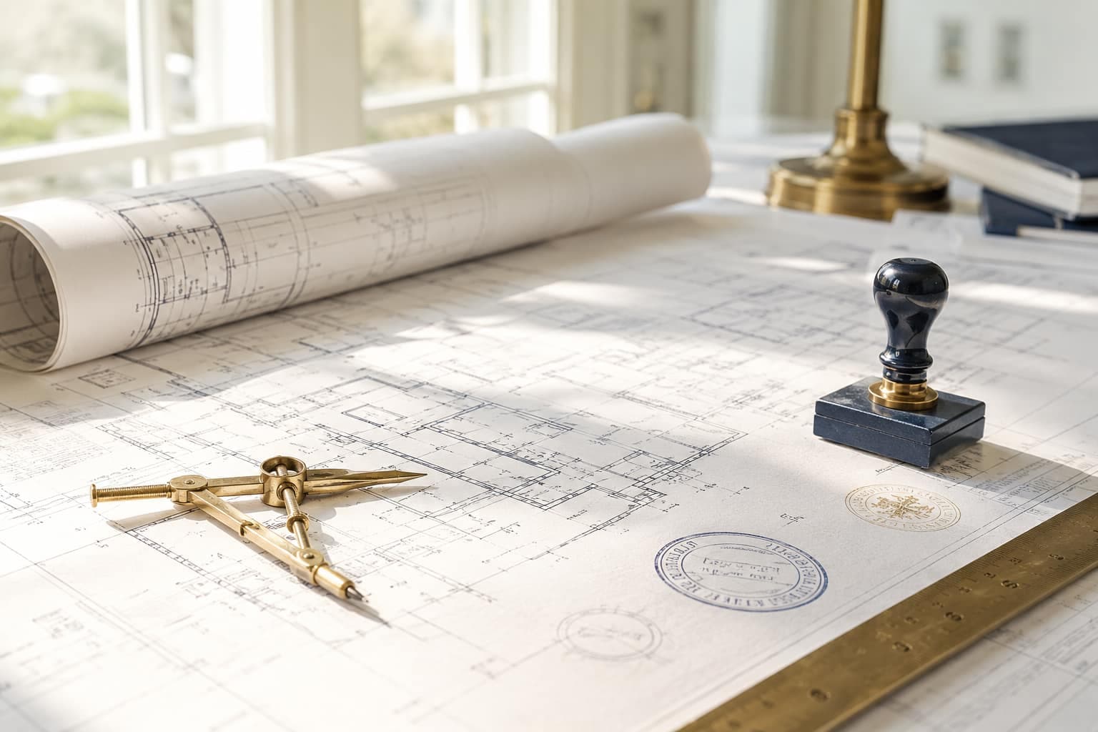 Architectural blueprints with a drafting compass and an approved stamp