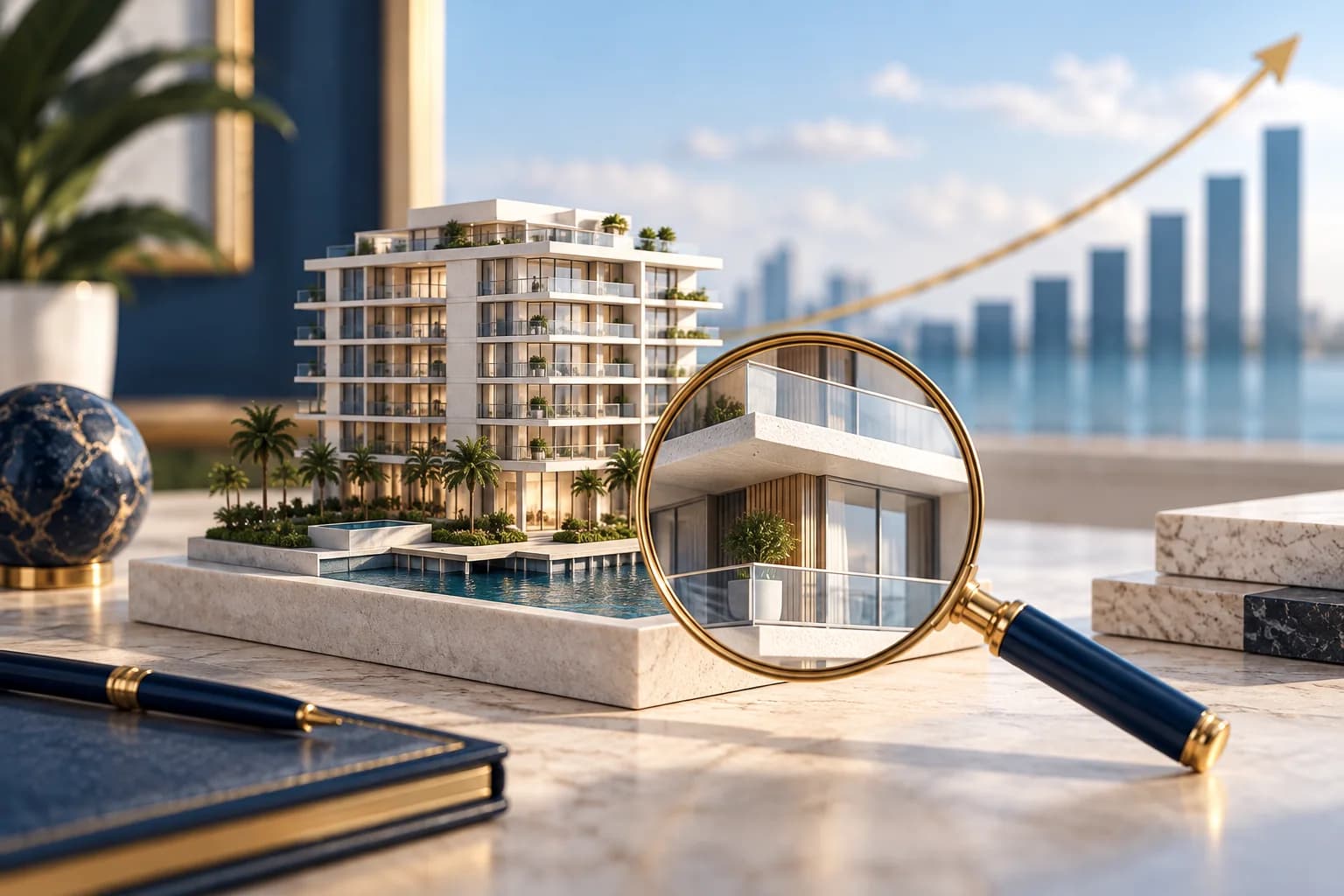Conceptual illustration of a property model being examined against a rising economic backdrop