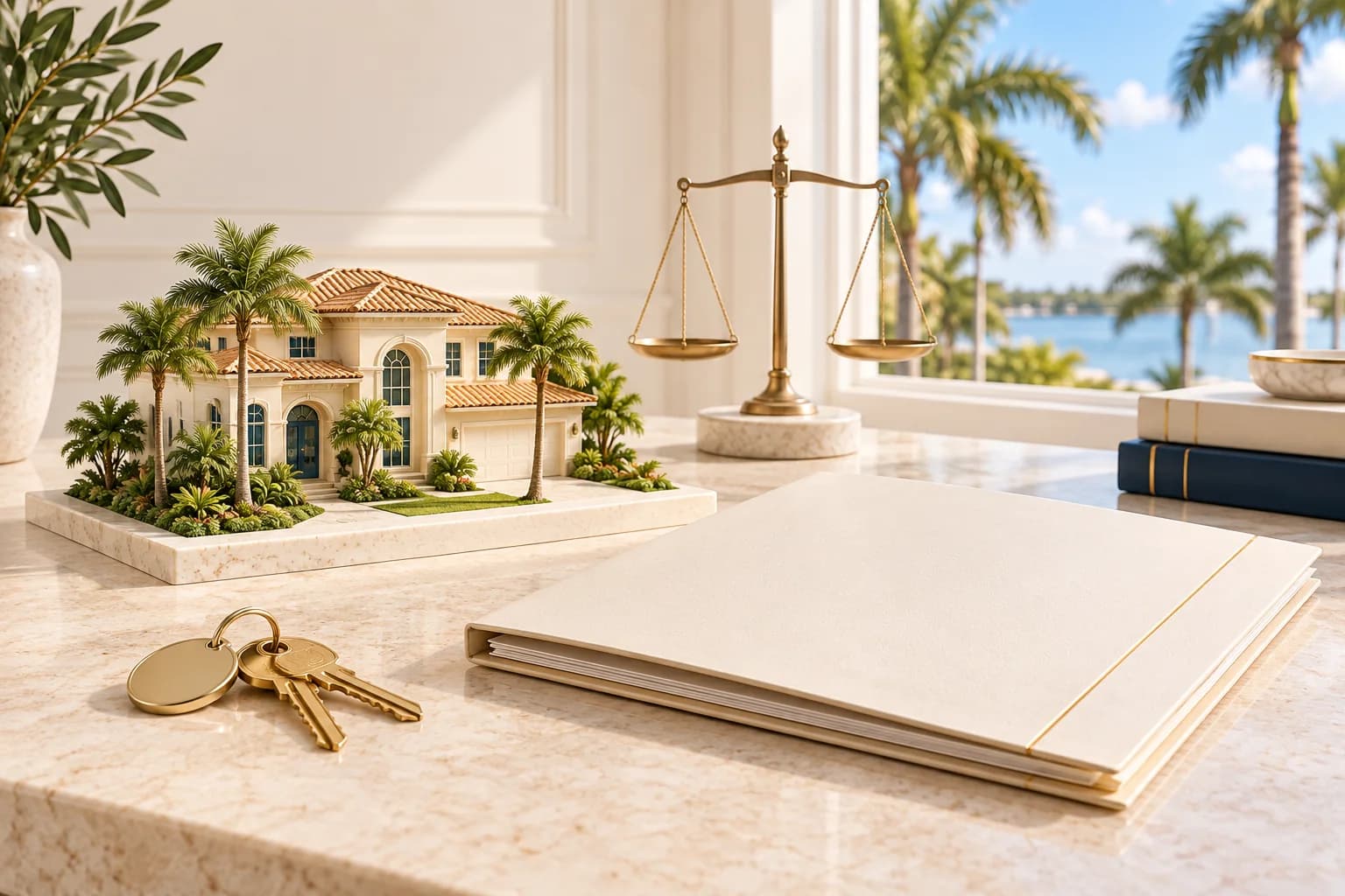 Conceptual illustration of a home model, blank policy folder, keys, and balance scale