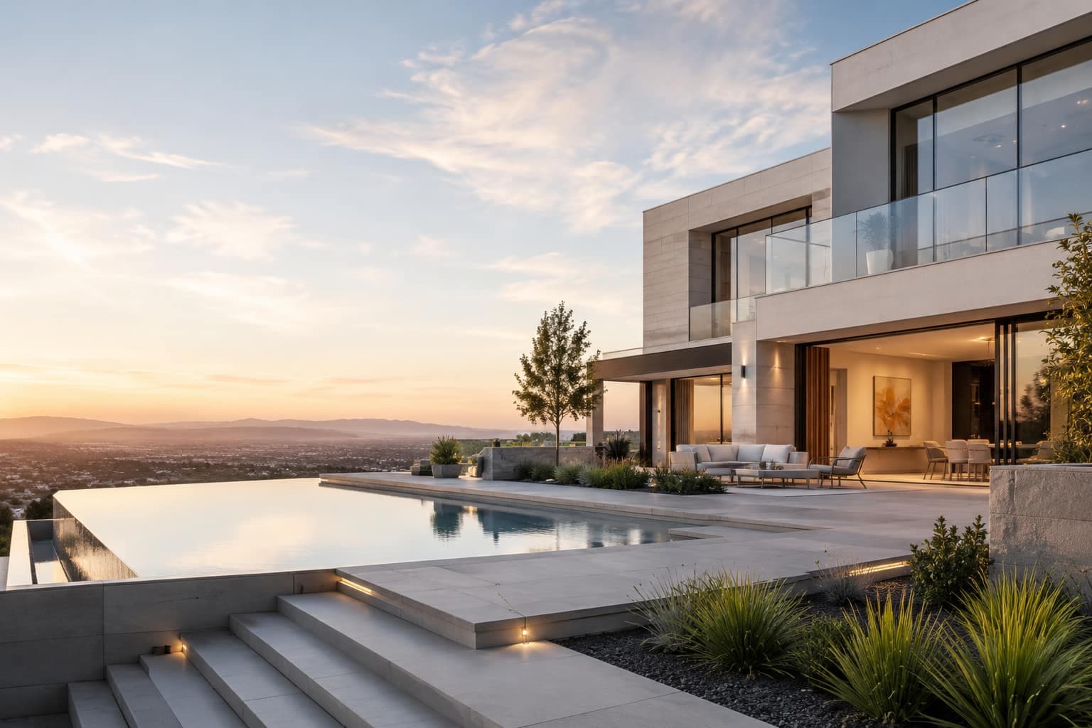 A luxury home at dawn under an open sky
