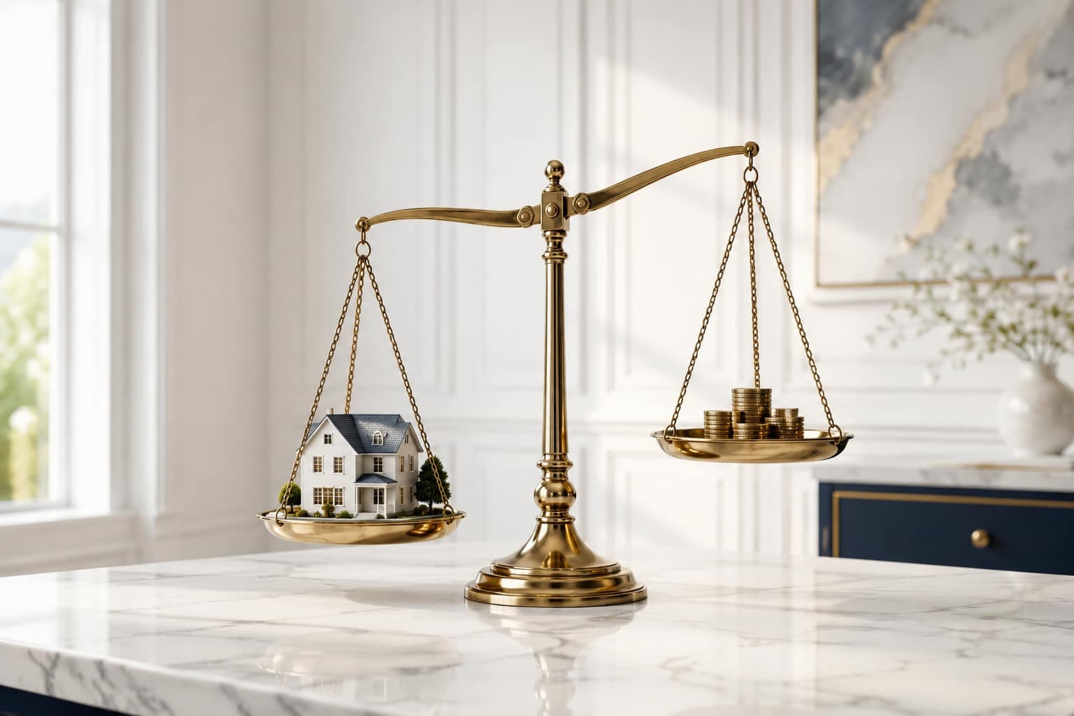 A house model balanced on a brass scale
