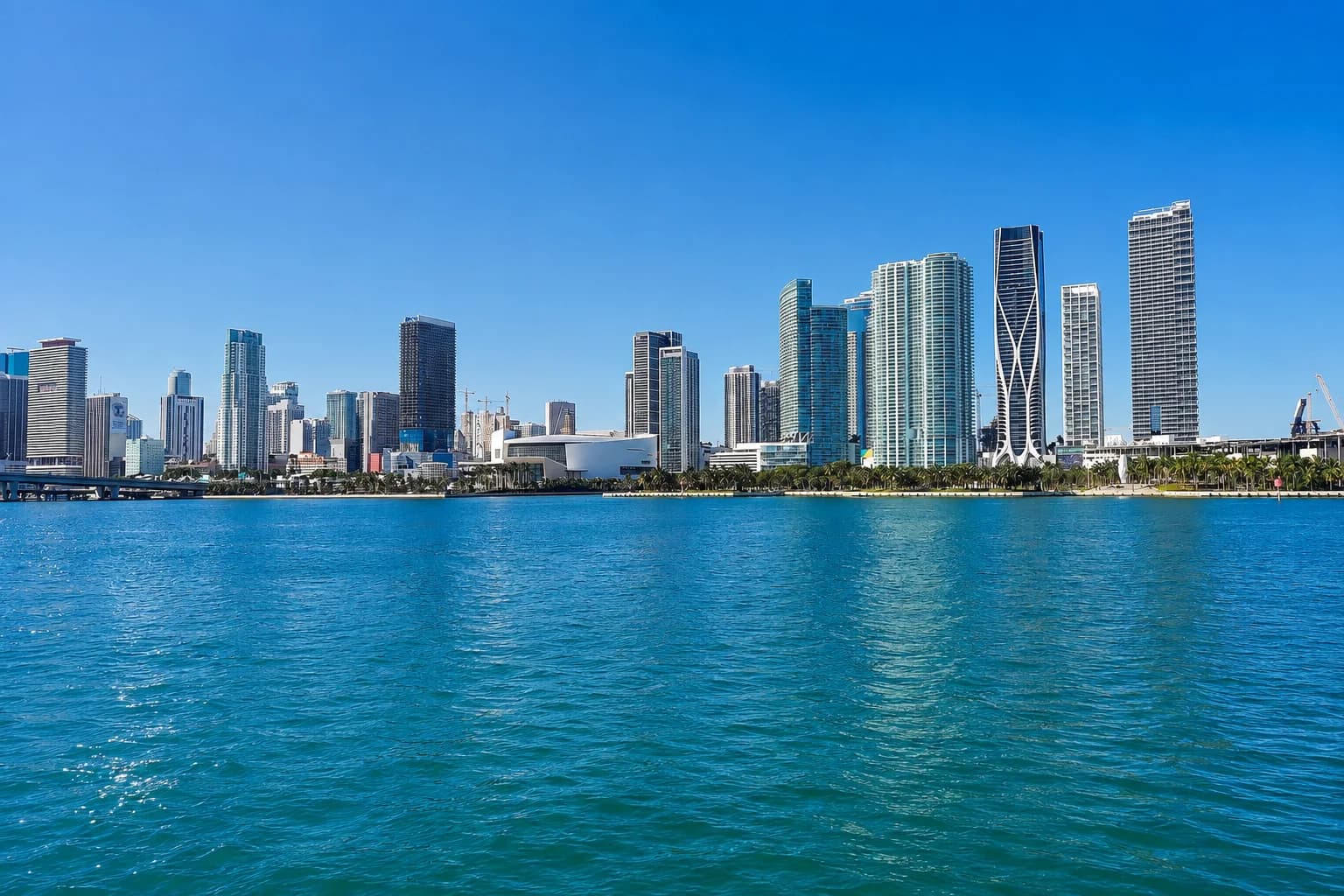 Daytime editorial image of Miami bay and skyline