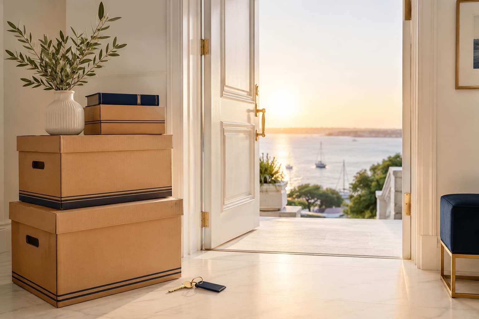 Moving boxes and a key in a front door at sunset