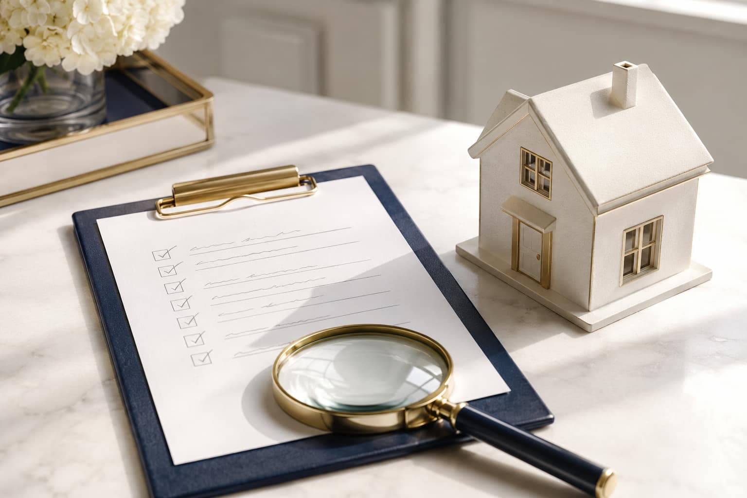 An inspection checklist and magnifying glass beside a house model