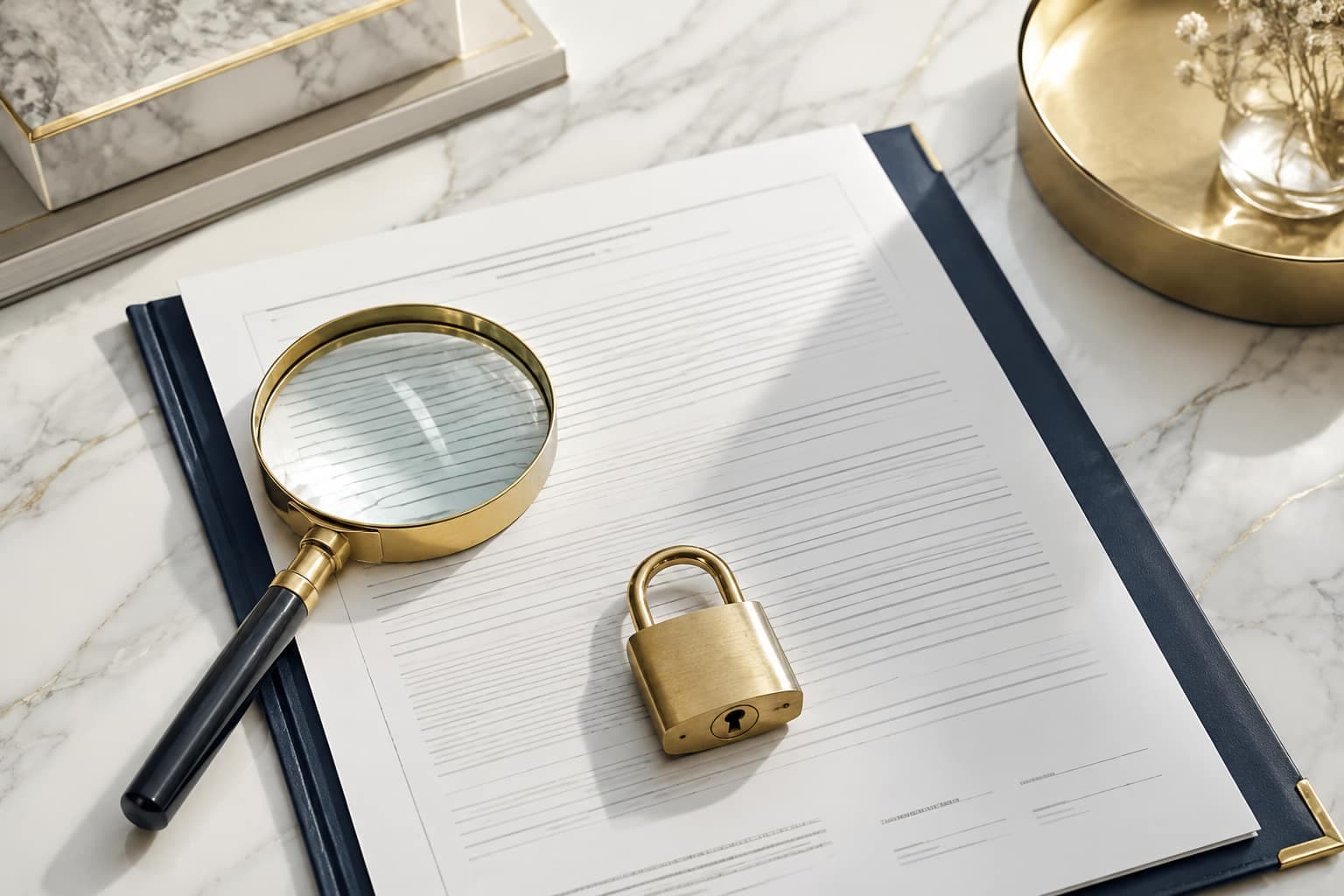 A magnifying glass and padlock over a printed contract