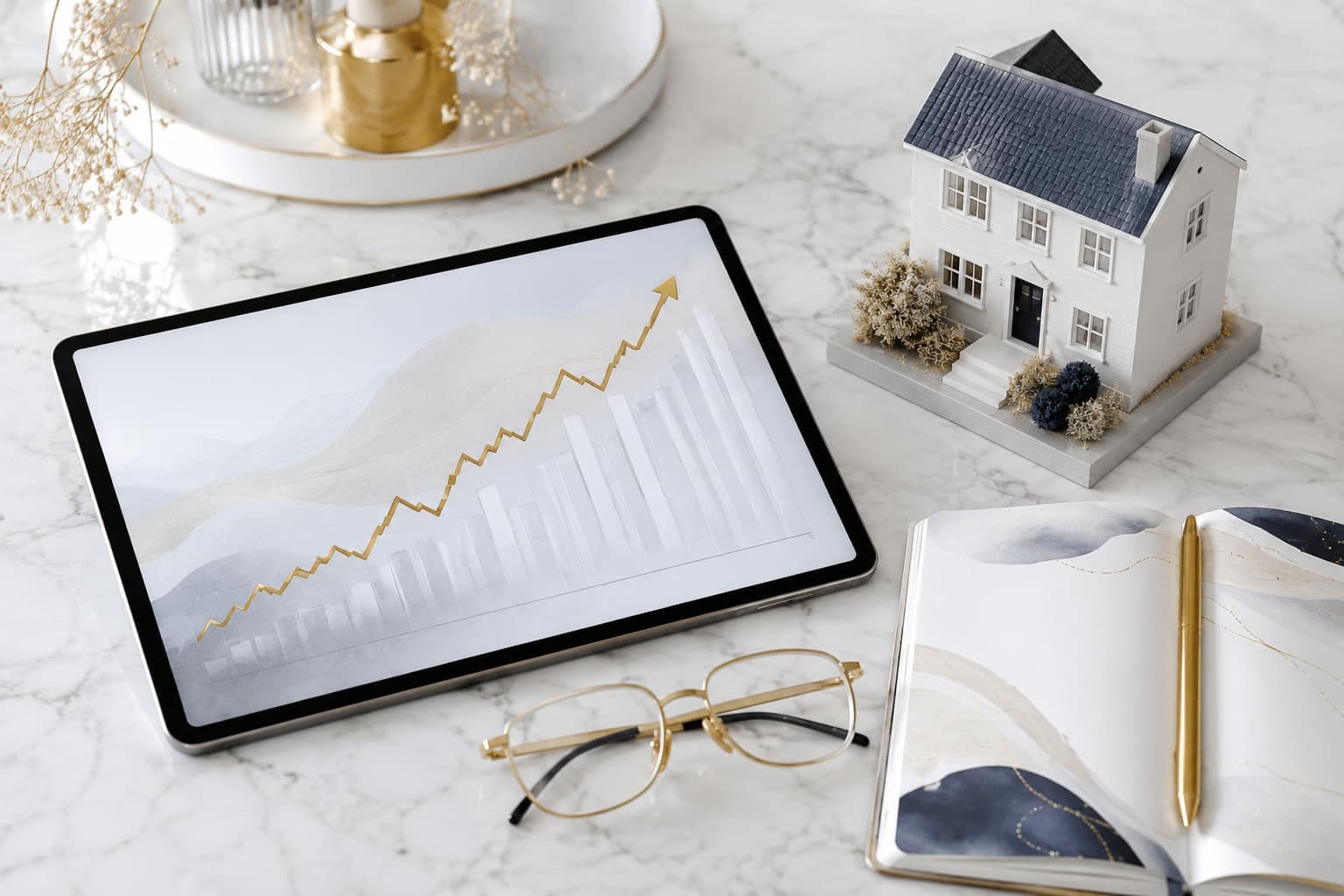 A tablet showing a golden line chart beside an architectural model