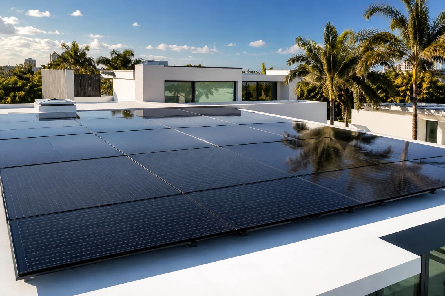 A modern home with solar panels and native landscaping
