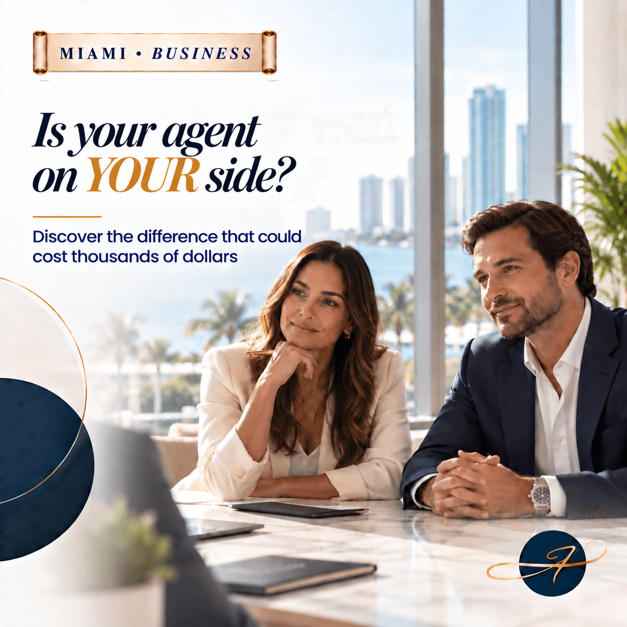 Approved cover translated into English: two people at a meeting, with the headline “Is your agent on YOUR side?”