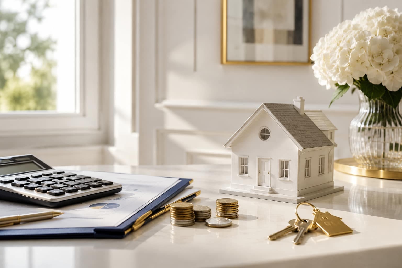 A calculator, a house model and stacked coins on pale marble