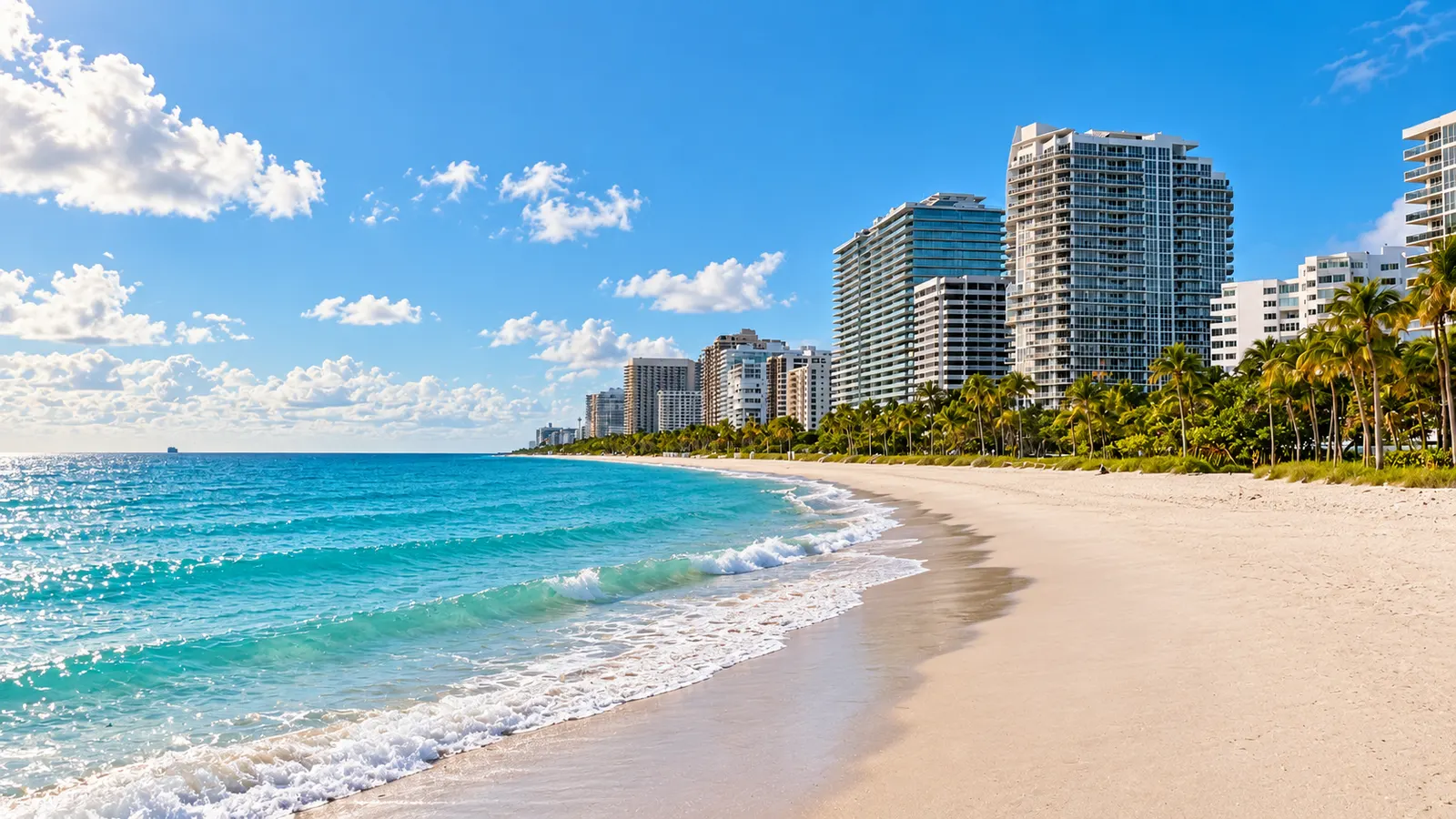 Bal Harbour beach, turquoise Atlantic water and oceanfront towers in daylight