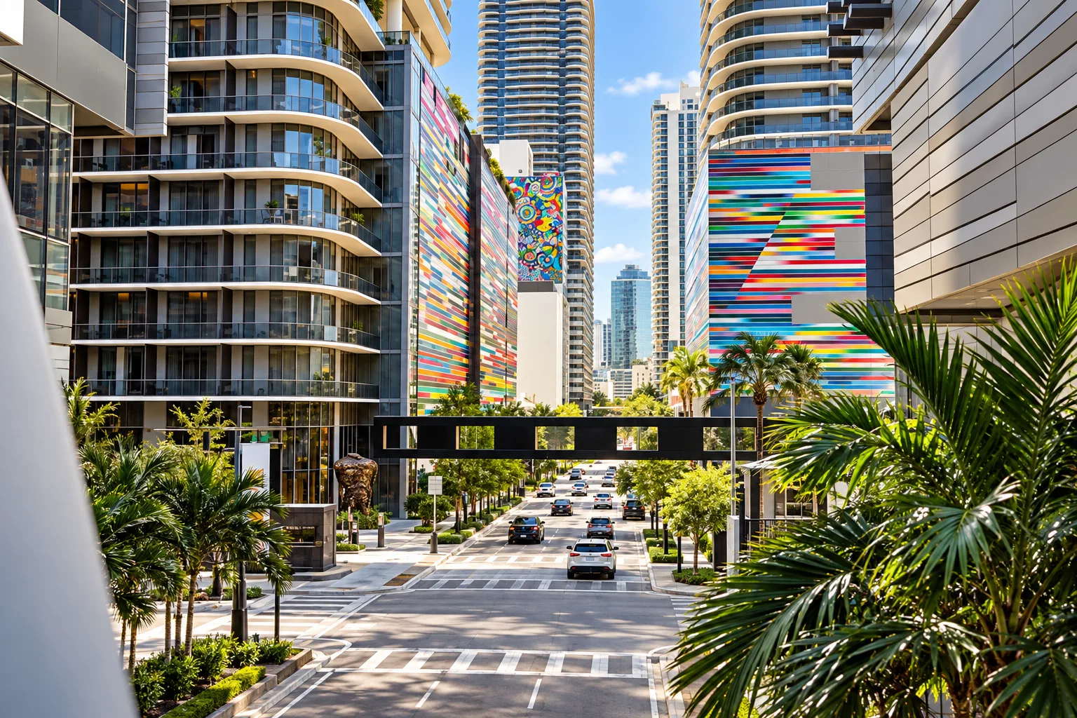 Street scene representing Brickell, with colorful facades, curved balconies and palm trees