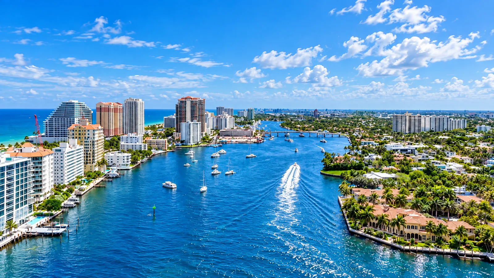 Daylight aerial view of Fort Lauderdale canals and skyline