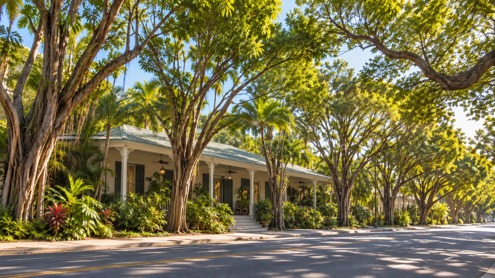 Illustrative one-story veranda house under mature tropical trees across a quiet street