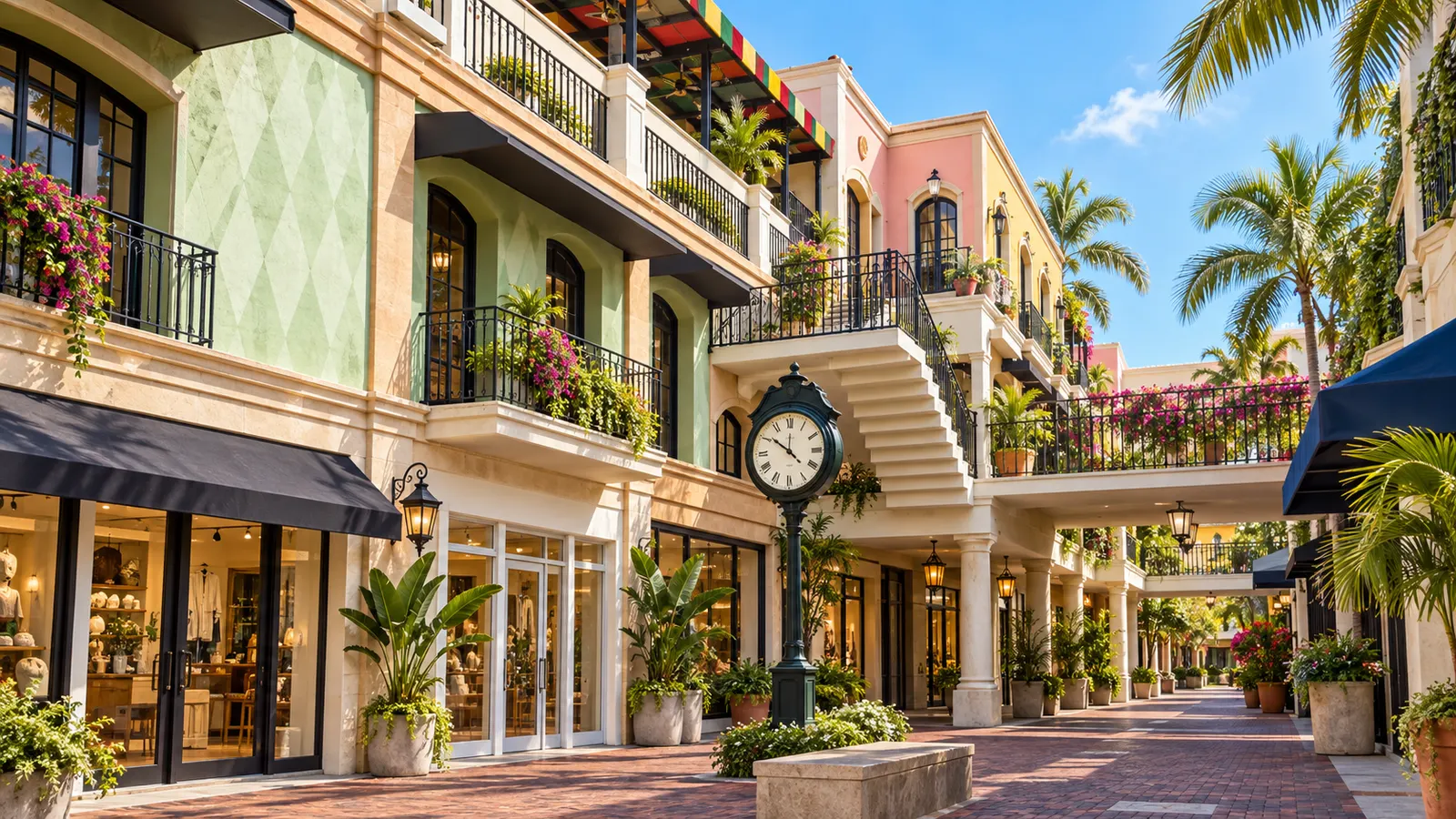 Illustrative open-air shopping courtyard with pastel storefronts, exterior stairs and a street clock