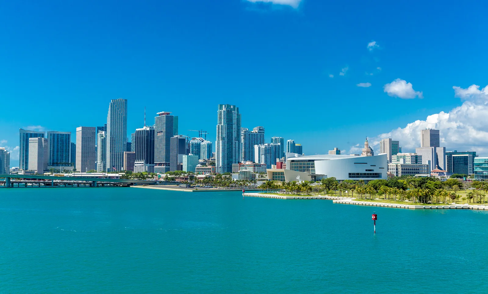 Downtown Miami skyline, waterfront museums and Biscayne Bay in daylight
