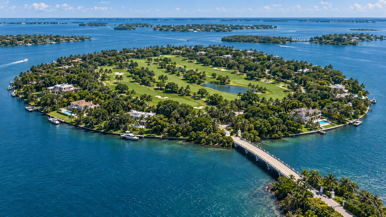 Illustrative aerial view of a residential island, golf course and bay representing Indian Creek Village