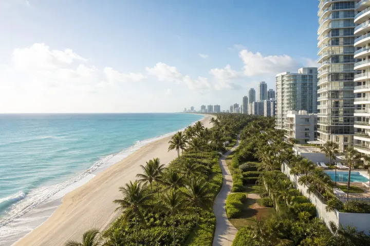 Oceanfront residential corridor with pale sand, palms and turquoise water
