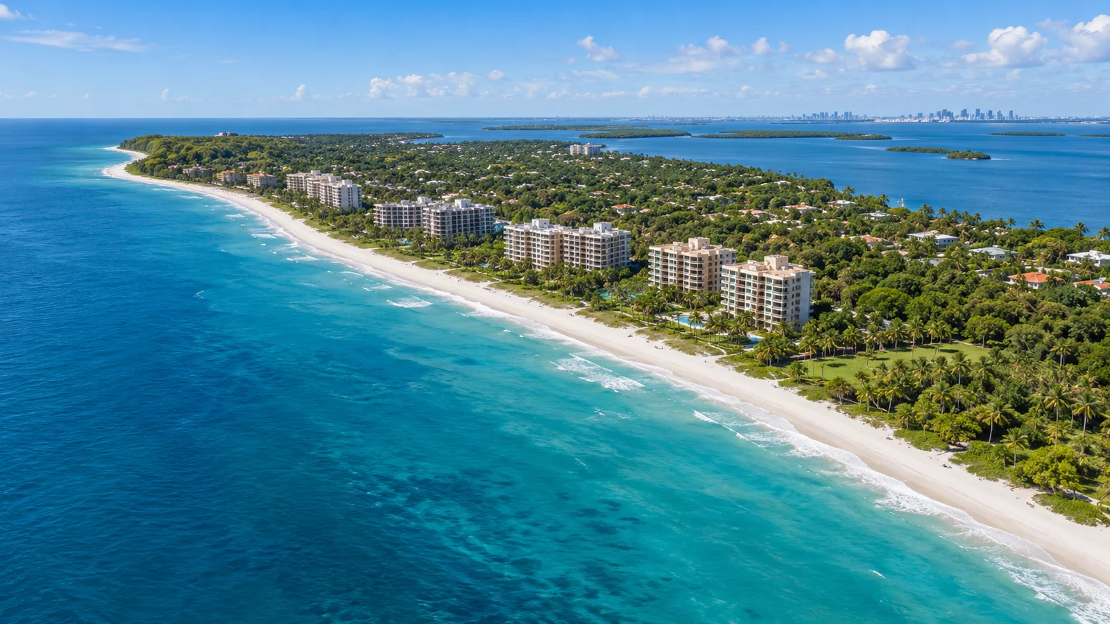 Illustrative aerial coastline inspired by Key Biscayne, with beach, blue ocean and tropical greenery