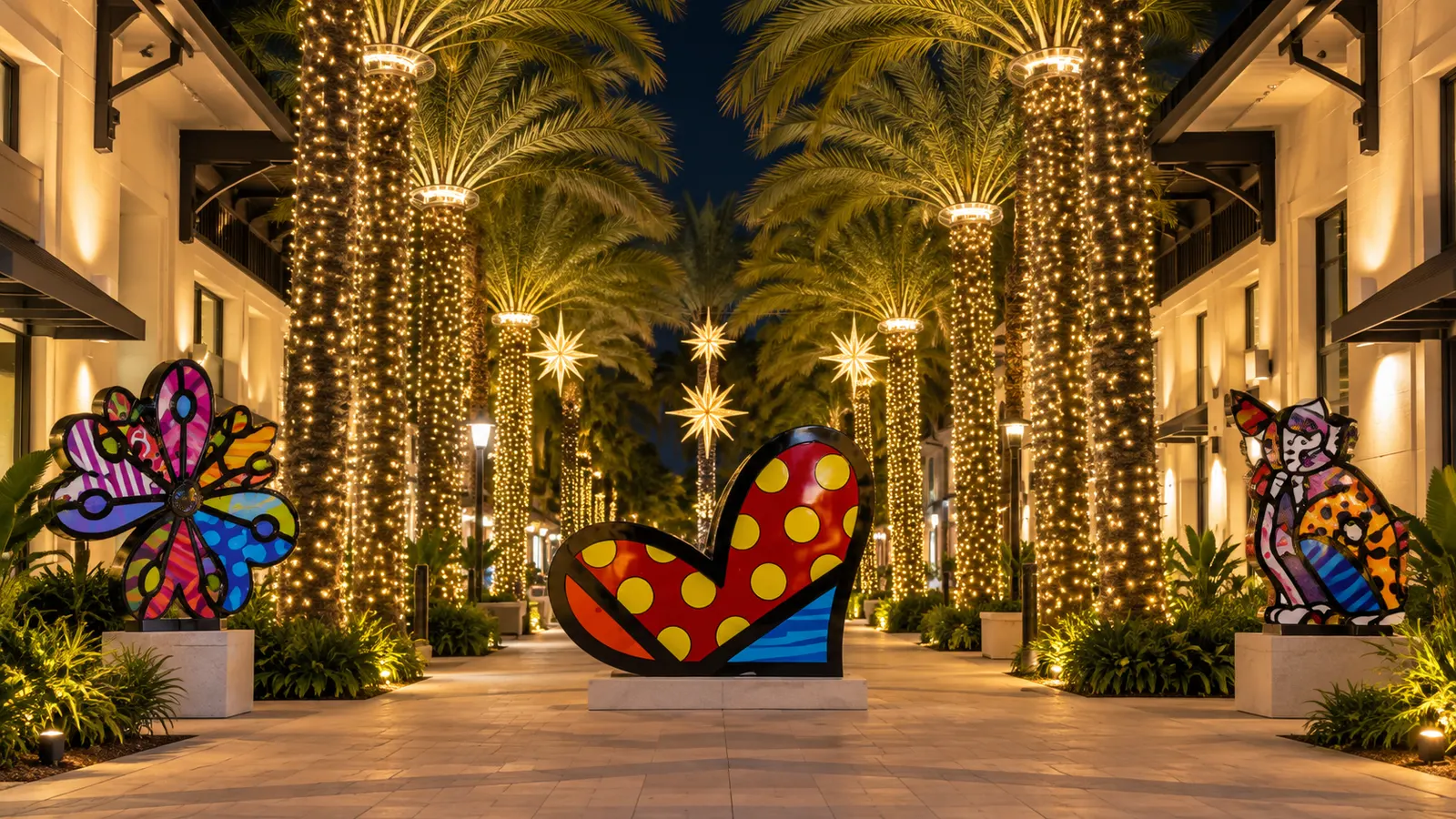 Illustrative view of the Collection at Midtown Miami promenade at night, with illuminated palms and colorful art