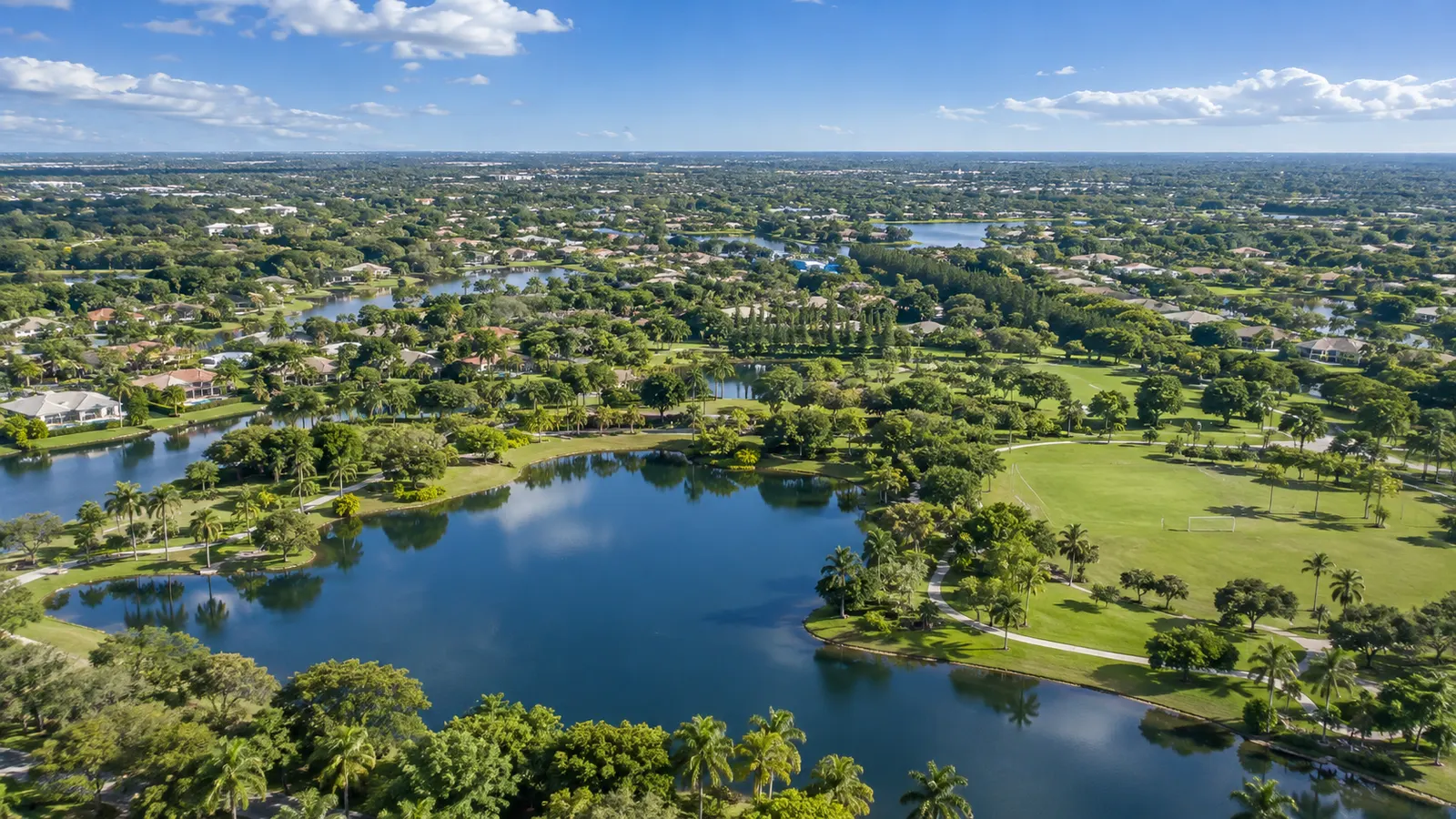 Illustrative aerial view of park, lakes and neighborhoods representing Pembroke Pines