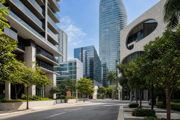 Contemporary Miami streetscape with glass towers and tropical landscaping