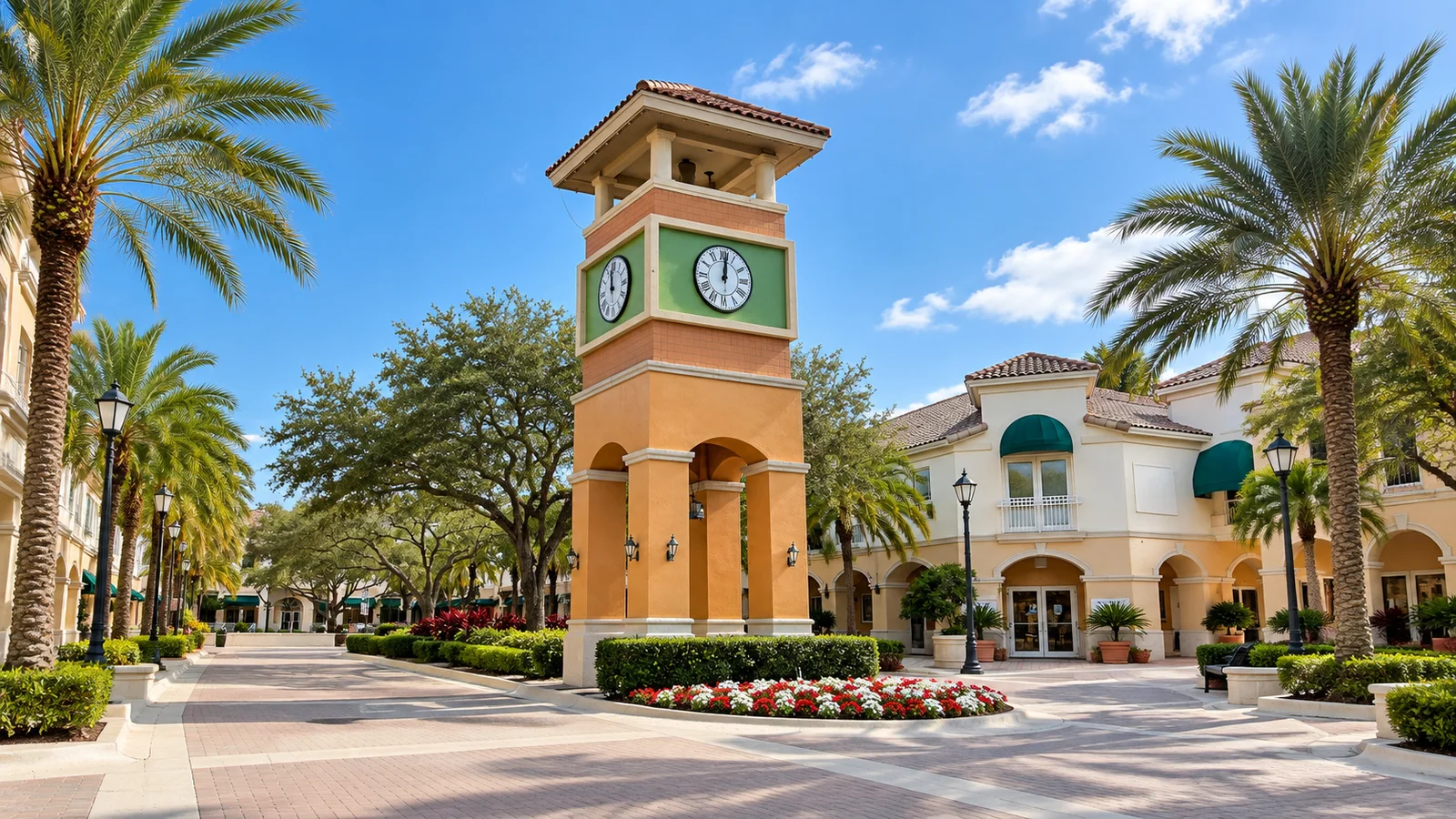 Daylight scene inspired by Weston Town Center, with clock tower, palms and Mediterranean-style facades